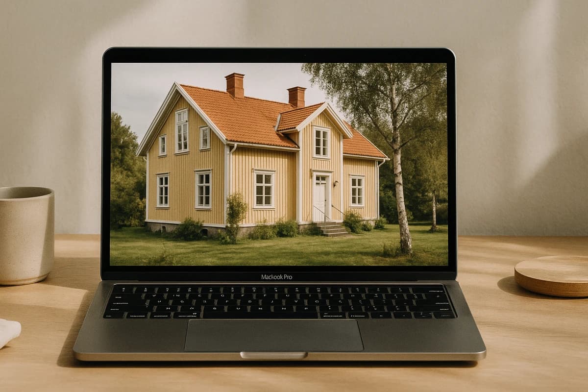 Laptop som visar en gul 1920-talsvilla