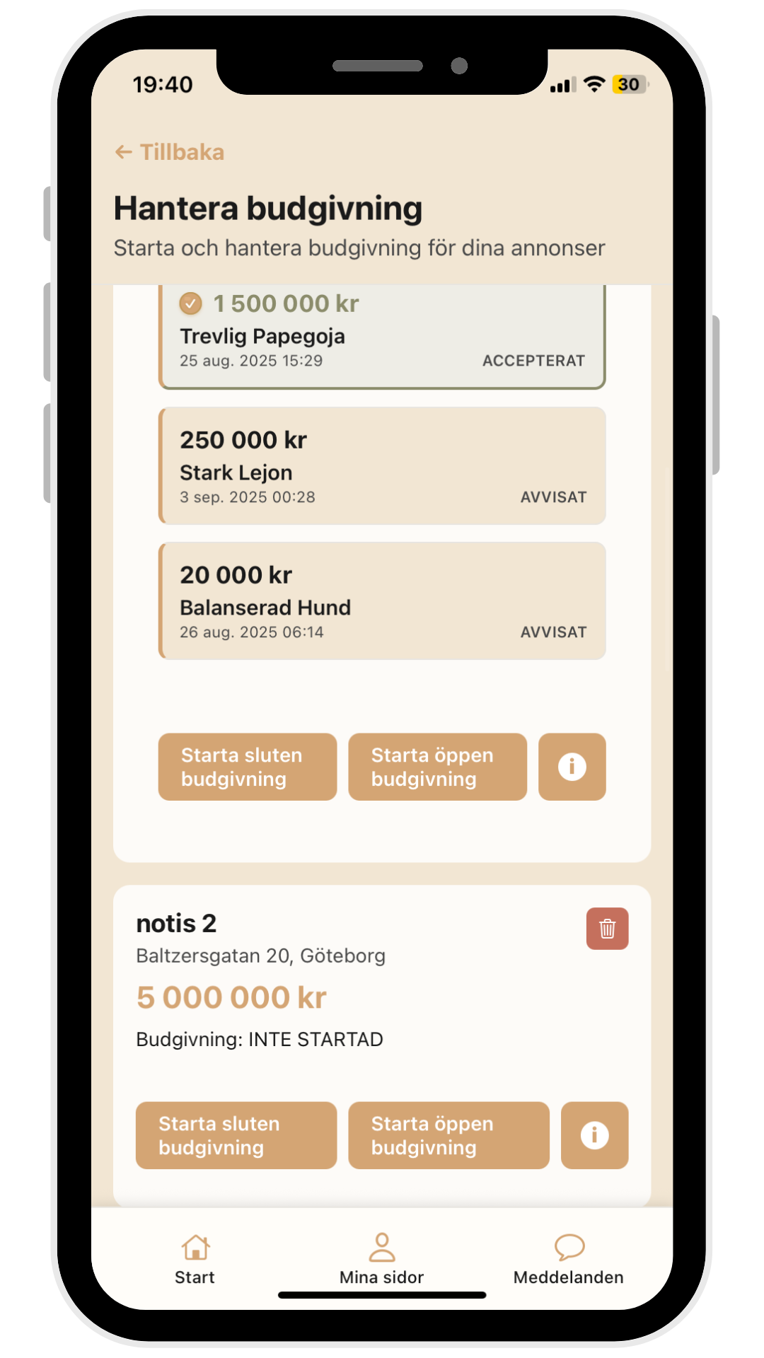 Starta budgivning